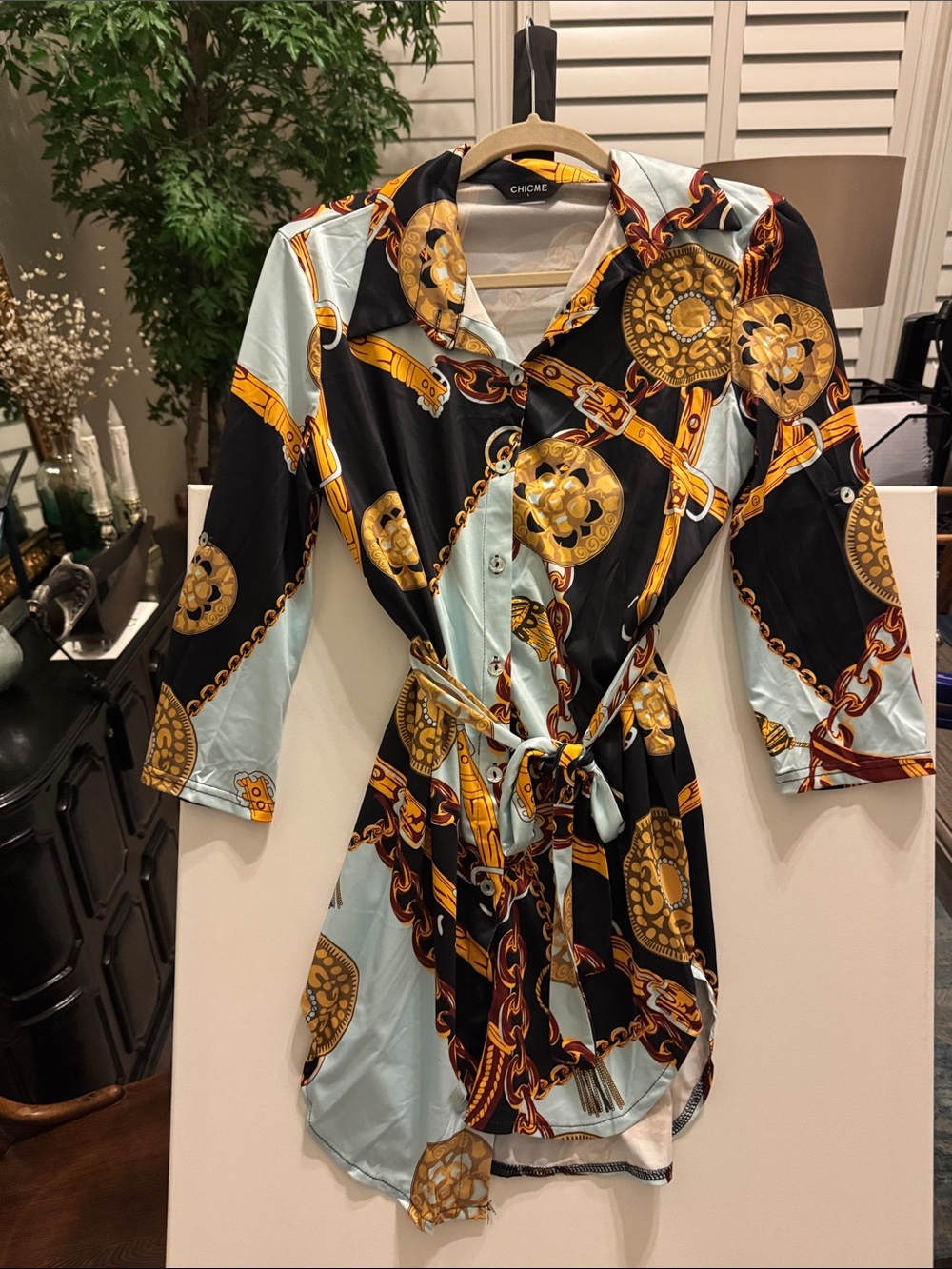 Chicme-Button-Front Chain Print Shirt Dress in Black & Light Blue